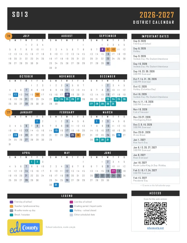 SD13 printable 2026-27 calendar