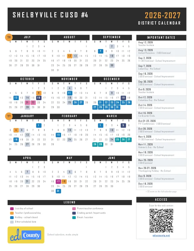 SHELBYVILLE CUSD #4 printable 2026-27 calendar