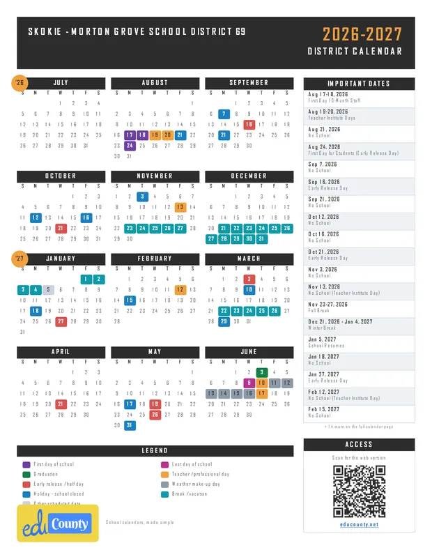 SKOKIE - MORTON GROVE SCHOOL DISTRICT 69 printable 2026-27 calendar