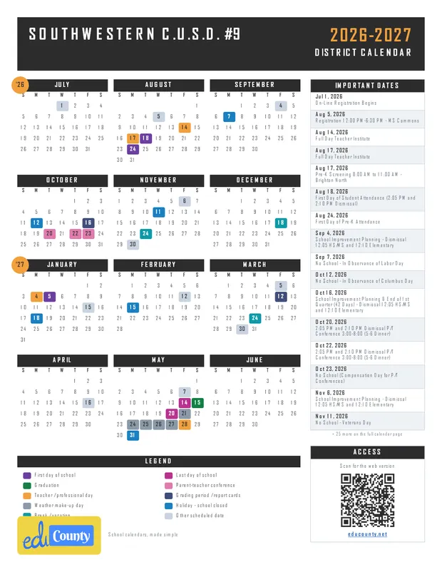 SOUTHWESTERN C.U.S.D. #9 printable 2026-27 calendar