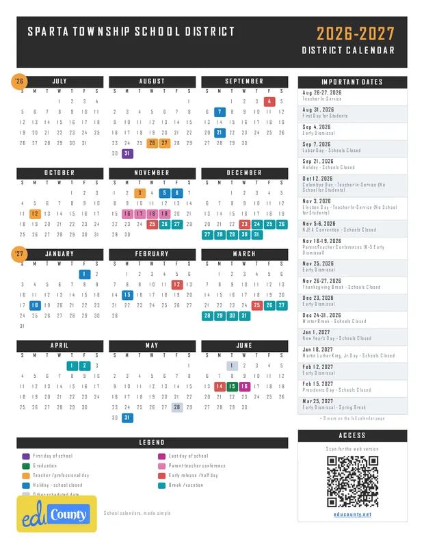Sparta Township School District printable 2026-27 calendar
