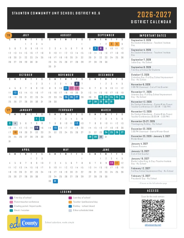 STAUNTON COMMUNITY UNIT SCHOOL DISTRICT NO. 6 printable 2026-27 calendar