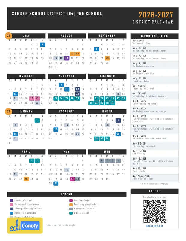 Steger School District 194 | Pre School printable 2026-27 calendar
