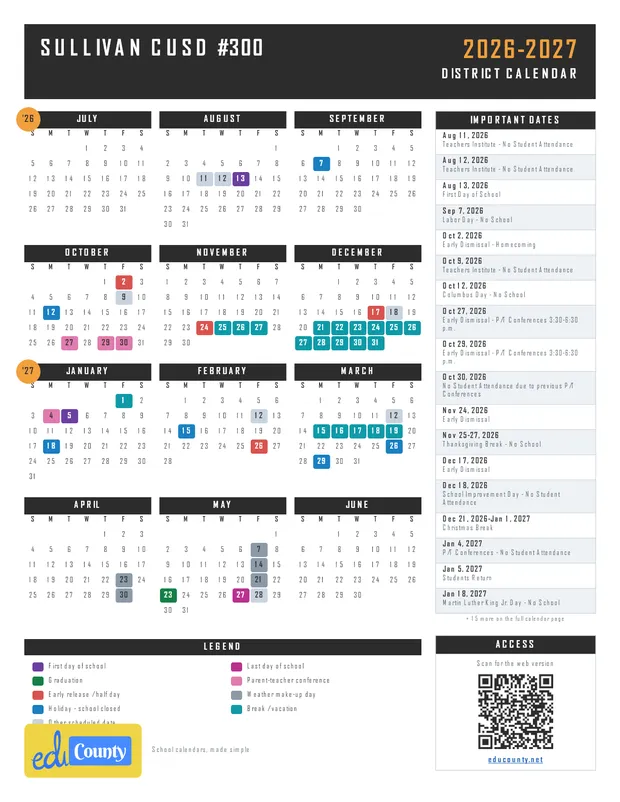 Sullivan CUSD #300 printable 2026-27 calendar