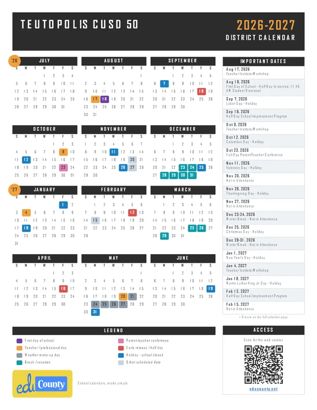 Teutopolis CUSD 50 printable 2026-27 calendar