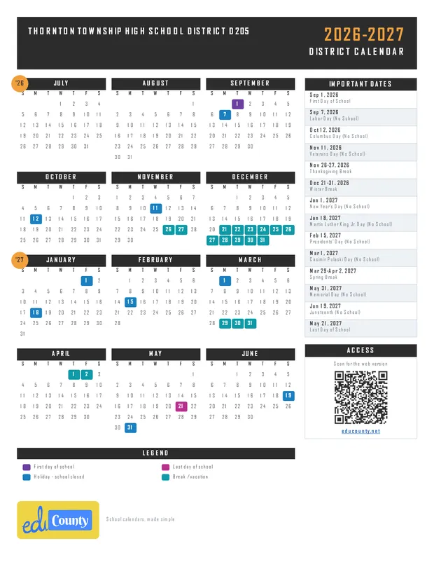 Thornton Township High School District D205 printable 2026-27 calendar