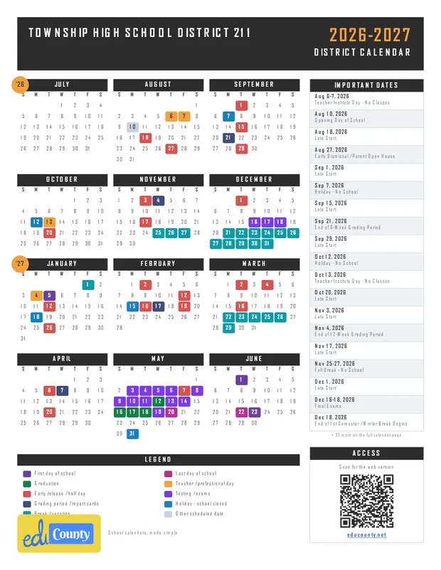 Township High School District 211 printable 2026-27 calendar