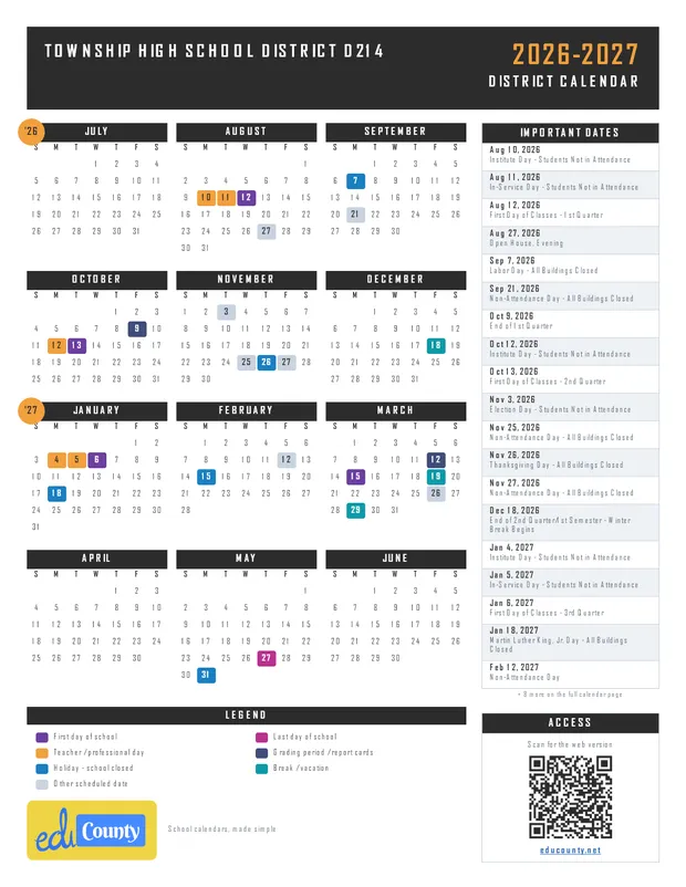 TOWNSHIP HIGH SCHOOL DISTRICT D214 printable 2026-27 calendar