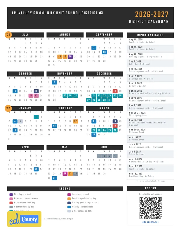 Tri-Valley Community Unit School District #3 printable 2026-27 calendar