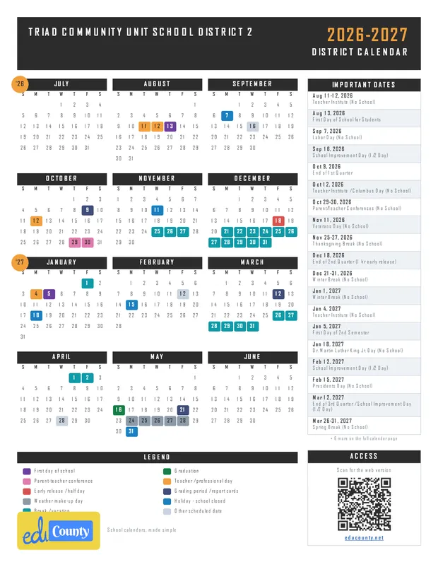 Triad Community Unit School District 2 printable 2026-27 calendar