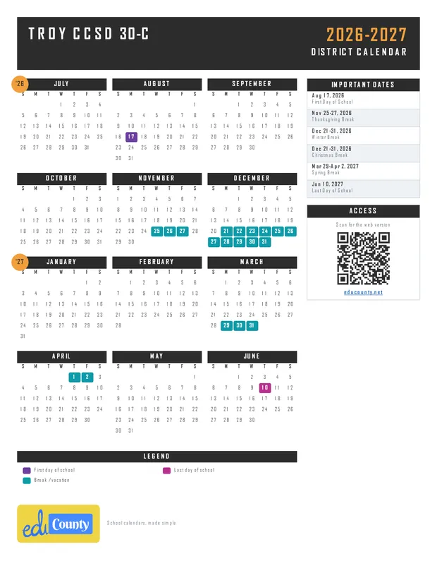Troy CCSD 30-C printable 2026-27 calendar