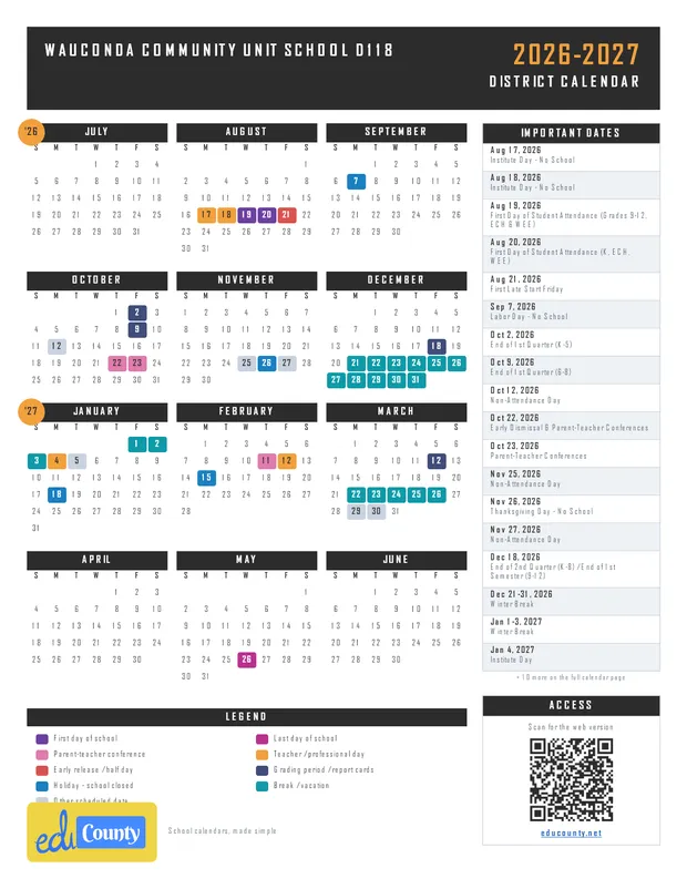 Wauconda Community Unit School d118 printable 2026-27 calendar