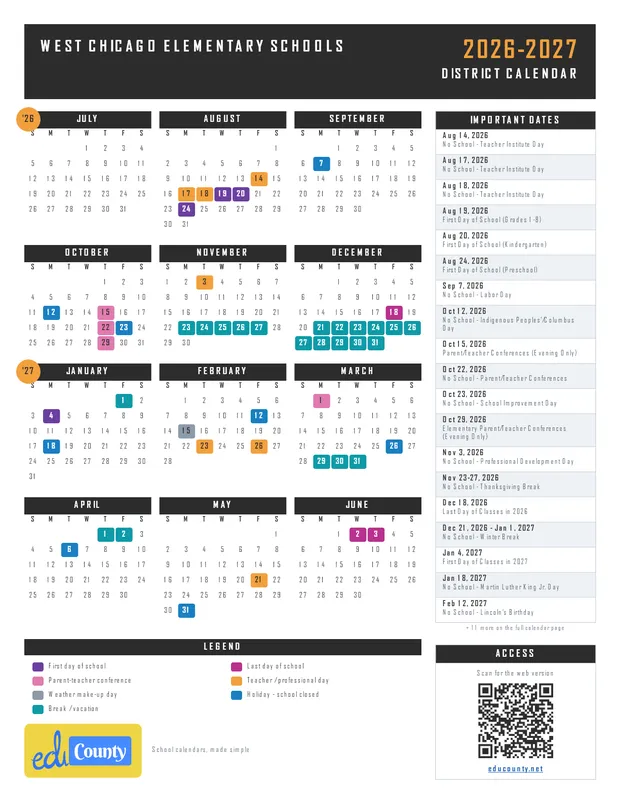 West Chicago Elementary Schools printable 2026-27 calendar