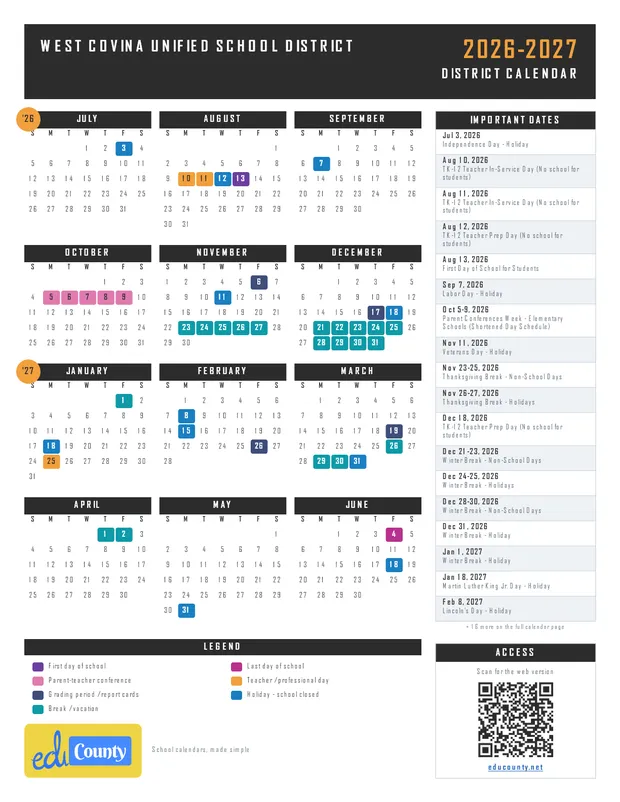 West Covina Unified School District printable 2026-27 calendar