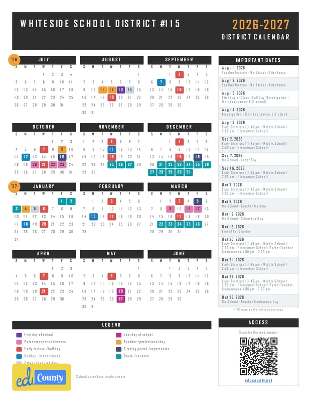 Whiteside School District #115 printable 2026-27 calendar