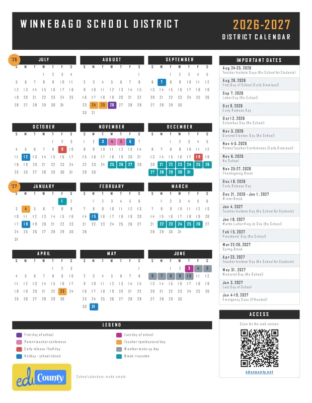 Winnebago School District printable 2026-27 calendar