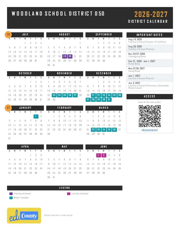 Woodland School District D50 printable 2026-27 calendar
