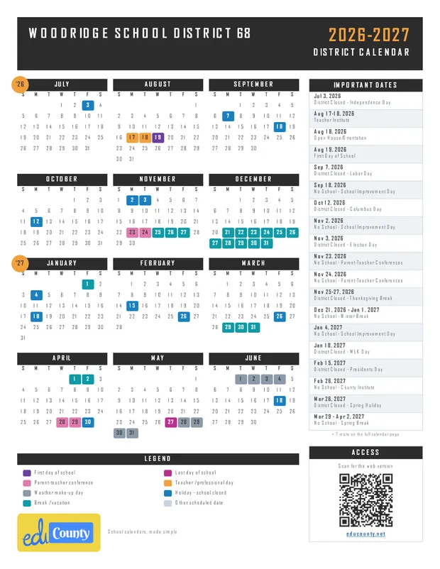 Woodridge School District 68 printable 2026-27 calendar