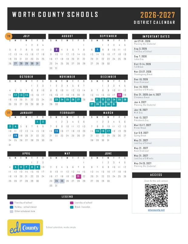 Worth County Schools printable 2026-27 calendar