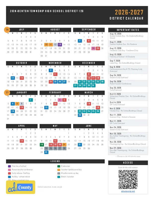 Zion-Benton Township High School District 126 printable 2026-27 calendar