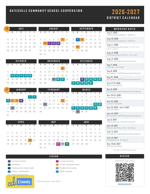 Batesville Community School Corporation printable 2026-27 calendar