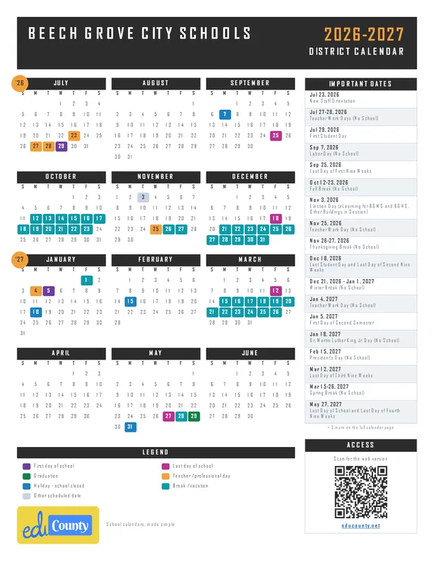 Beech Grove City Schools printable 2026-27 calendar