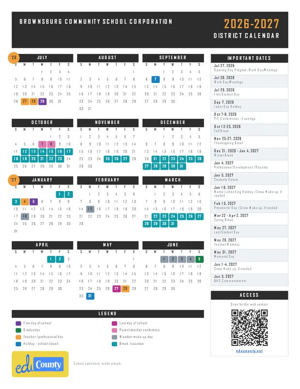 Brownsburg Community School Corporation printable 2026-27 calendar