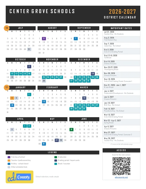 Center Grove Schools printable 2026-27 calendar