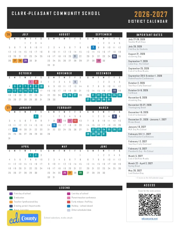 Clark-Pleasant Community School printable 2026-27 calendar