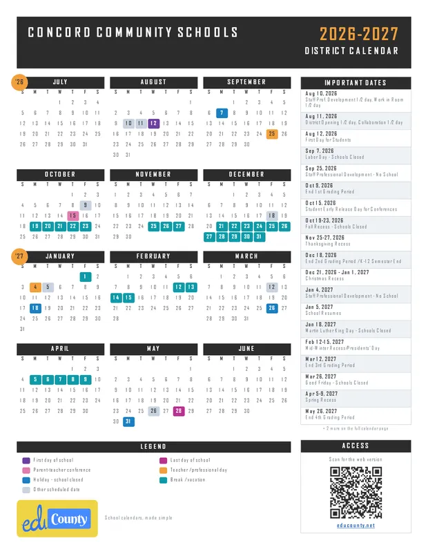 Concord Community Schools printable 2026-27 calendar