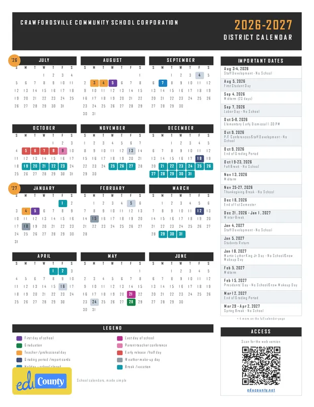 Crawfordsville Community School Corporation printable 2026-27 calendar