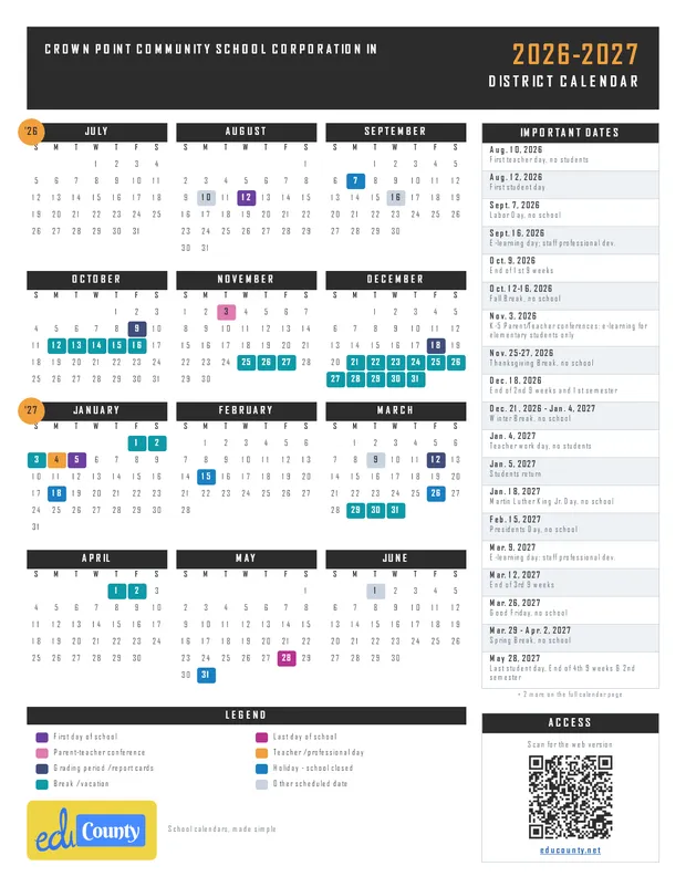 Crown Point Community School Corporation printable 2026-27 calendar