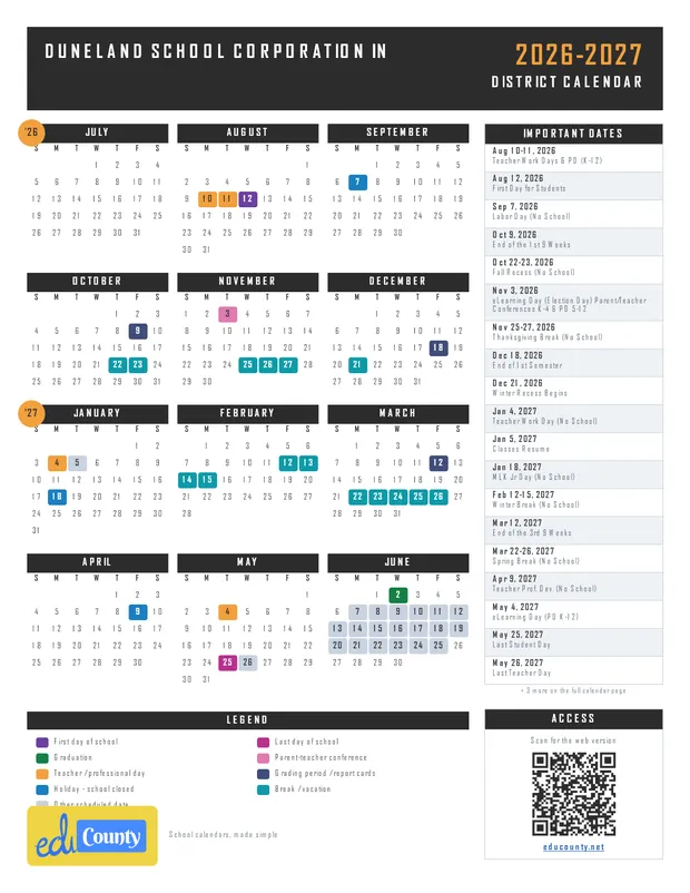 Duneland School Corporation printable 2026-27 calendar