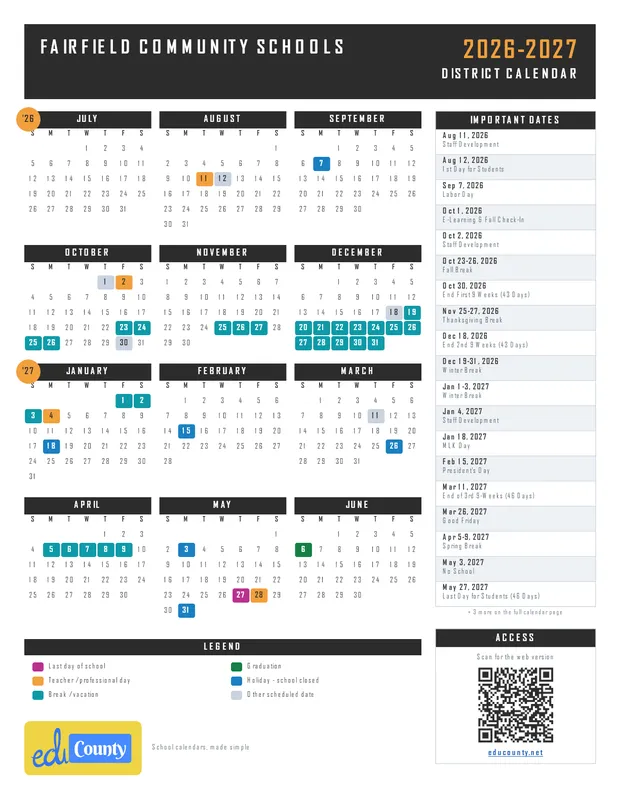 FAIRFIELD COMMUNITY SCHOOLS printable 2026-27 calendar