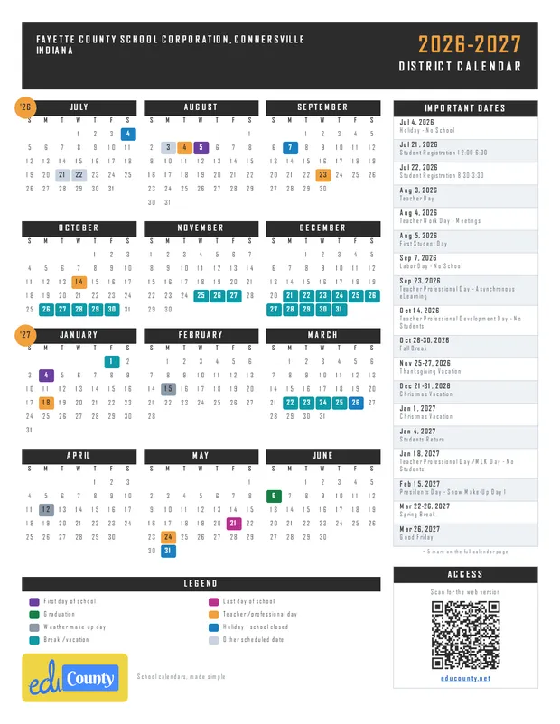 Fayette County School Corporation, Connersville Indiana printable 2026-27 calendar