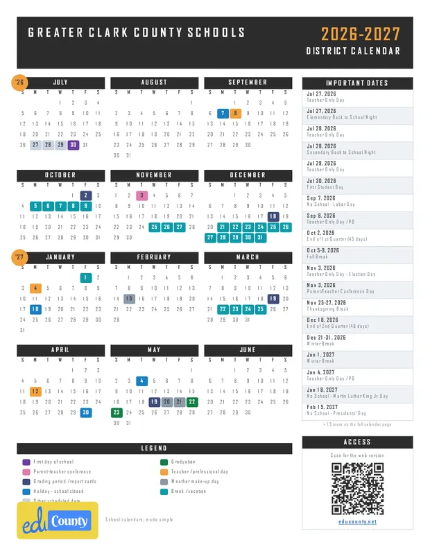Greater Clark County Schools printable 2026-27 calendar