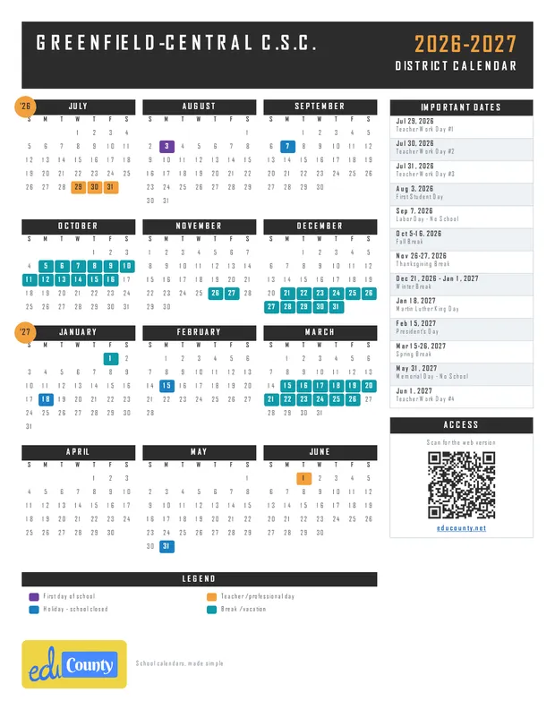 Greenfield-Central C.S.C. printable 2026-27 calendar