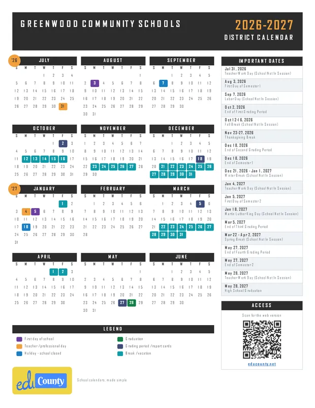 Greenwood Community Schools printable 2026-27 calendar