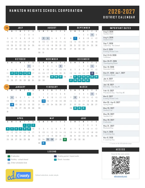 Hamilton Heights School Corporation printable 2026-27 calendar