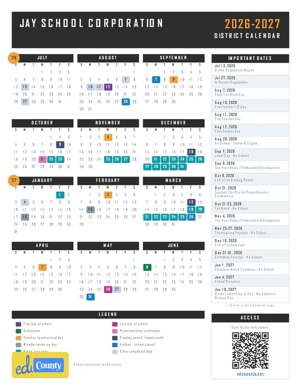 Jay School Corporation printable 2026-27 calendar
