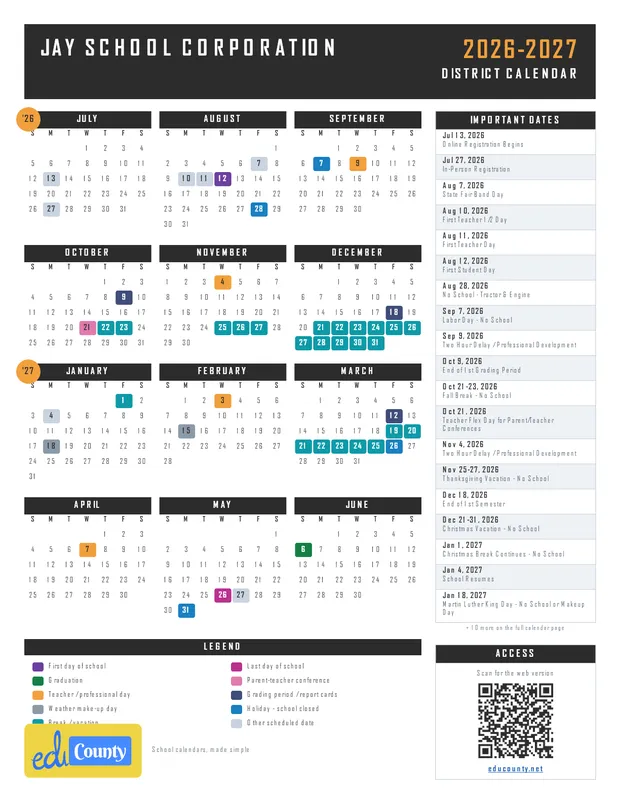 Jay School Corporation printable 2026-27 calendar