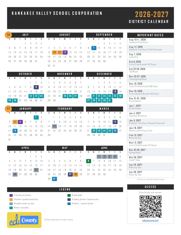 Kankakee Valley School Corporation printable 2026-27 calendar