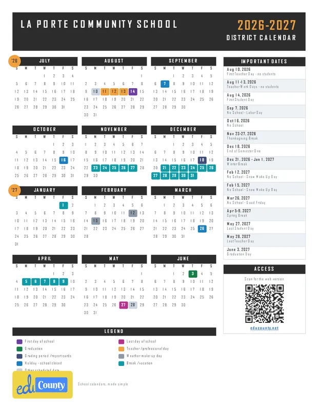 La Porte Community School printable 2026-27 calendar