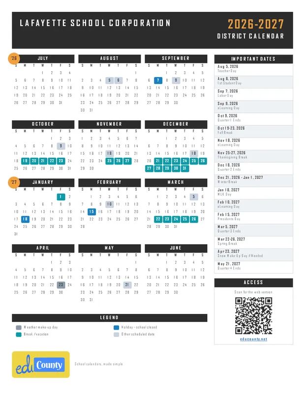 Lafayette School Corporation printable 2026-27 calendar