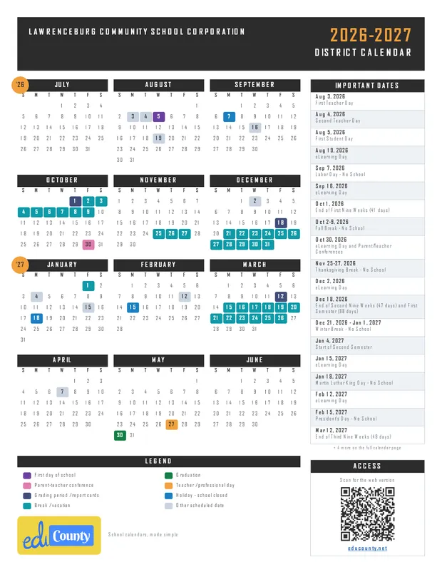 Lawrenceburg Community School Corporation printable 2026-27 calendar