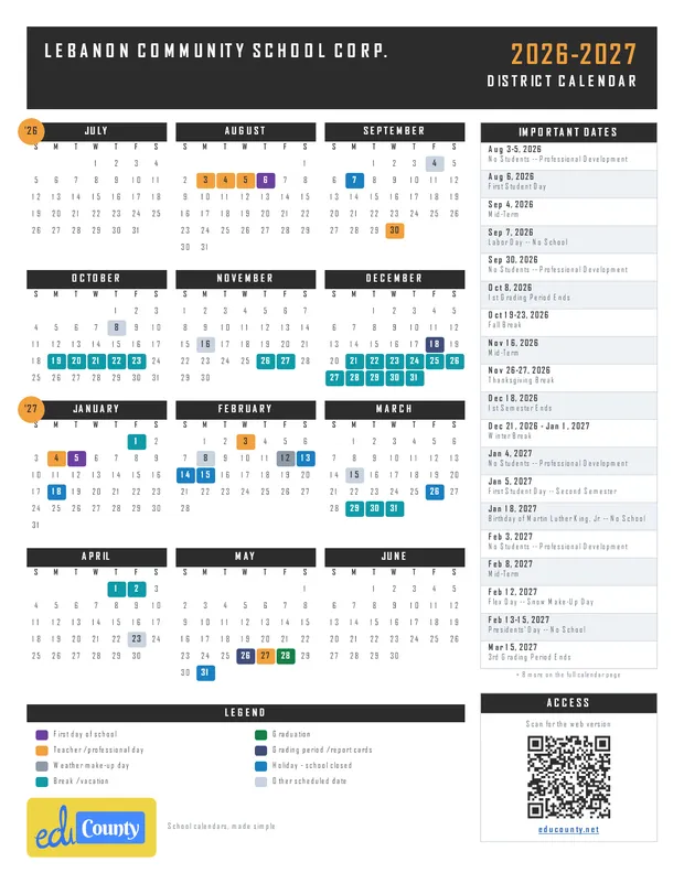 LEBANON COMMUNITY SCHOOL CORP. printable 2026-27 calendar