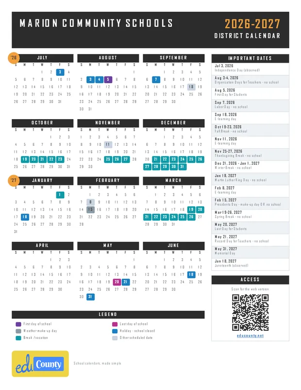 Marion Community Schools printable 2026-27 calendar