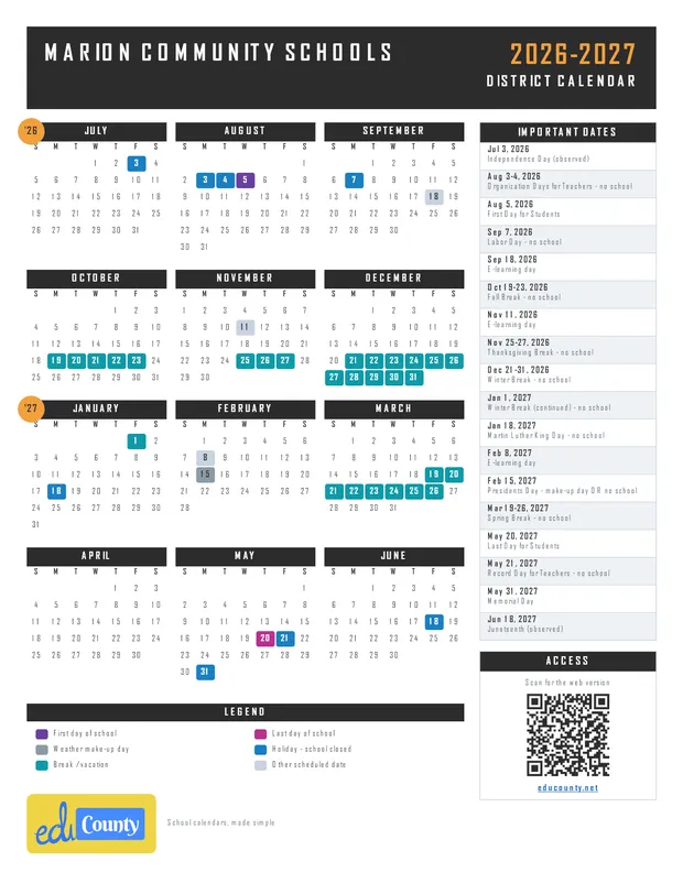 Marion Community Schools printable 2026-27 calendar