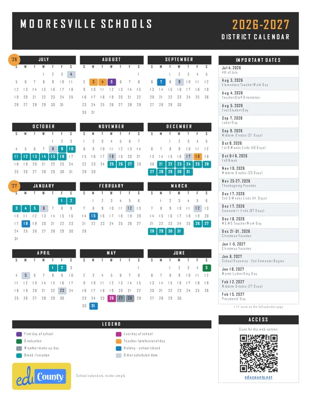 Mooresville Schools printable 2026-27 calendar