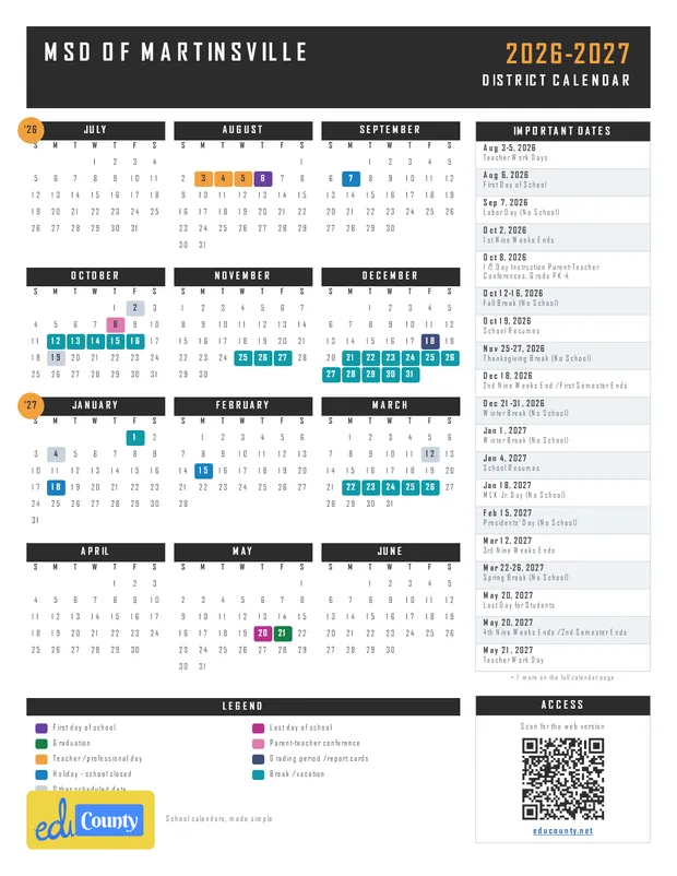 MSD OF MARTINSVILLE printable 2026-27 calendar